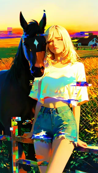 A blonde woman wearing a white crop top and denim hotpants standing next to a black horse with a farm and sunset in the background, featuring glitch art effects.