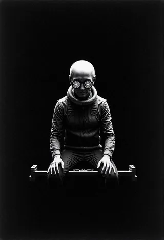 Monochrome photograph of an alien wearing a helmet, sitting on a small space station in mid-air, holding a holographic device with intricate eye-like patterns in a cinematic black background.