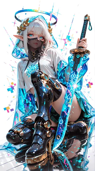 A cybernetic elf girl with white hair, a laurel crown, glowing blue eyes, and a mouth veil wearing a transparent blue cloak, oversized hoodie, skirt, and thigh-high boots. She holds a glowing blue sword and has a prosthetic cyber leg, sitting in a dynamic pose with a pixelated matrix halo around her head.