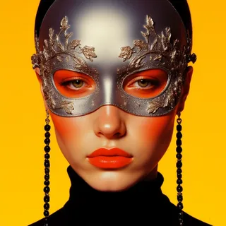 Close-up portrait of a gothic-inspired woman wearing a detailed silver mask with floral patterns and sparkling crystals, burnt orange eye makeup, and black bead chains framing her face against a yellow background.