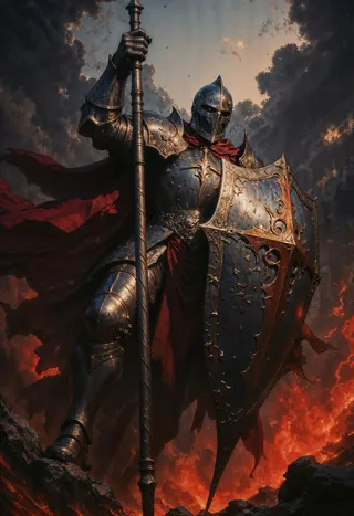 A detailed digital painting of a knight in polished dark armor holding a spear and ornate shield, wearing a flowing red cape, standing against a fiery, stormy sky.
