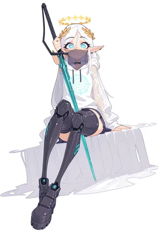 A cybernetic girl with white hair, elf ears, and a laurel crown sits holding a glowing sword. She wears an oversized white hoodie, black thigh-high cybernetic legs, and a translucent cloak, with intense blue eyes looking forward.
