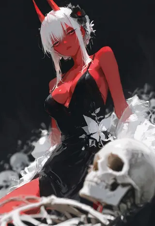 Illustration of a red-skinned Aka-Oni girl with white hair and straight horns, wearing a black dress with white flowers, posed with a skeleton in a dark, tenebrist background