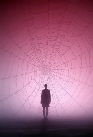 A deep crimson silhouette stands in front of a large, intricate spiderweb shimmering with a highlighted dewdrop, set against a gradient pinkish background.