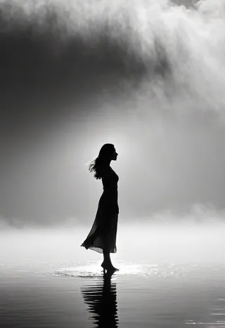 A monochrome silhouette of a woman standing on water, with clouds and mist surrounding her, creating a serene and introspective atmosphere.