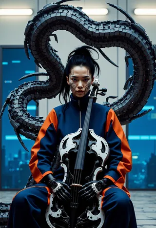 A cybernetic woman musician in futuristic attire holds a mechanical cello with intricate robotic tentacles emerging behind her in a dark sci-fi setting.