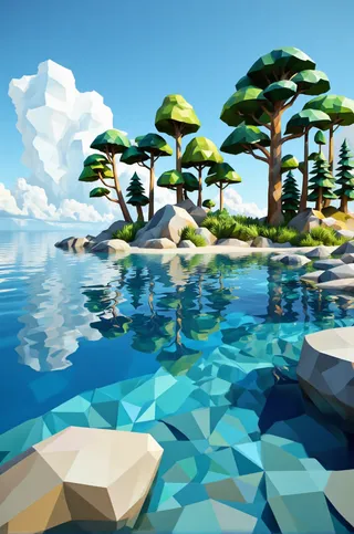 Low poly art of a serene tropical island with clear blue water, coniferous trees, rocks, and lush green vegetation under a bright blue sky with fluffy white clouds.