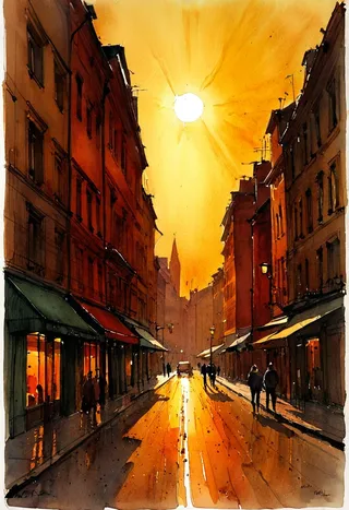 Watercolor painting of an urban townscape during golden hour, featuring warm retro tones and line and wash sketch style with sunlight illuminating the street.
