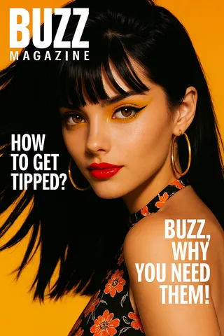 Close-up 1970s style portrait of a woman with feathered hair, golden hoop earrings, glossy red lipstick, winged eyeliner, and a floral halter top against a yellow-orange retro backdrop.