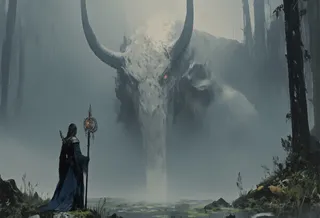 A dark fantasy scene of a lone wizard in a flowing robe holding a staff, standing in a misty forest facing a colossal serpent with glowing eyes emerging from a fog-covered pond.