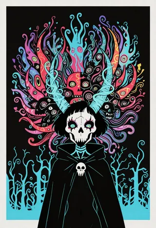 A necromancer woman wearing skull makeup and a black cape, surrounded by swirling psychedelic patterns and abstract vibrant colors.