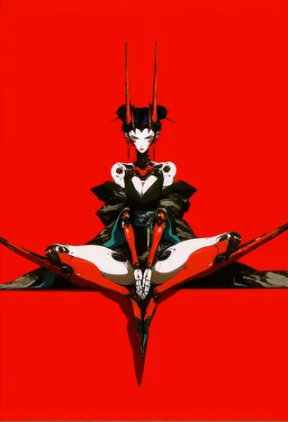 Cyborg woman with mechanical horns and robotic limbs wearing a black kimono, sitting with legs spread against a vivid red background.