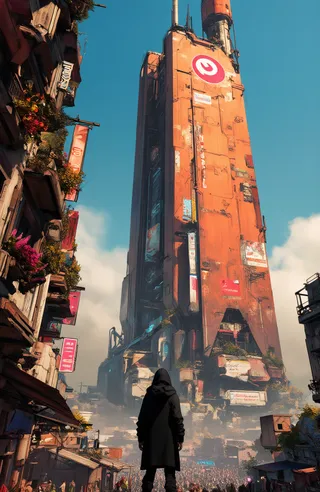 A futuristic cityscape featuring a towering orange industrial skyscraper with signs and a red-white logo, viewed from a narrow flower-lined street with a lone person in a black hooded coat in the foreground.
