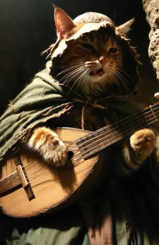Orange tabby cat wearing a tattered green cloak and floppy hat, singing seriously while holding a rustic wooden lute, illuminated by soft lighting against a dark background.
