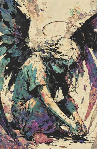 Representación abstracta y colorida de un ángel melancólico con alas oscuras y un halo frágil, retratado como un monstruo patético encorvado con pinceladas expresivas.