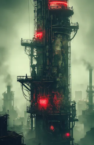 Towering industrial structure with intricate metal framework under foggy atmosphere, glowing red neon lights, and small human figures on balconies in a dystopian cyberpunk cityscape.