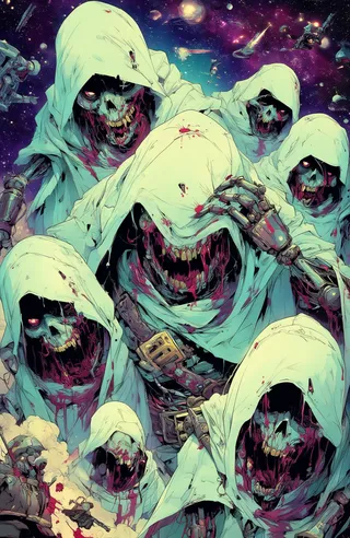 Hooded robotic skeleton zombie pirates with bloodied faces and glowing eyes in a cosmic space background.