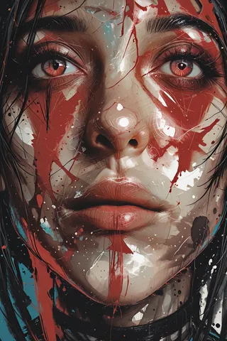 Close-up, hyper-realistic portrait of a woman with black hair and striking red eyes, her face covered in expressive splashes of blood and abstract paint strokes.