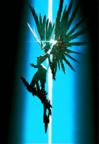 A dynamic side view of a winged mecha valkyrie in a pale green bodysuit illuminated by a bright vertical light beam with god rays and a starry sky background.