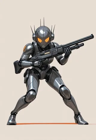 Un android femmina robot alieno altamente dettagliato che indossa un’armatura futuristica nera e argento, che tiene una grossa pistola in una posa dinamica di tiro, con occhi arancioni luminosi e sfondo beige semplice.