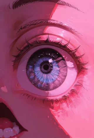 數碼藝術少女眼睛特寫，大藍色虹膜，細緻睫毛，粉紅霓虹燈光突顯超現實及異常眼睛特徵。