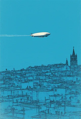 Un dirigible solitario volando sobre un extenso paisaje urbano bajo un cielo azul calmado, con torres de iglesia elevándose y figuras estilizadas observando abajo.