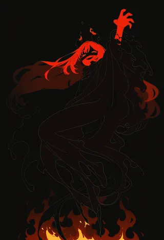 Dark silhouette with long flowing hair, burning eyes, a wicked smile, and a claw reaching upward, surrounded by flames and shadows on black background.