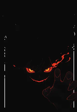 Close-up of a shadowy figure with glowing burning eyes and a wicked smile, claw reaching forward, set against a black background with black lighting and thin white outlines.