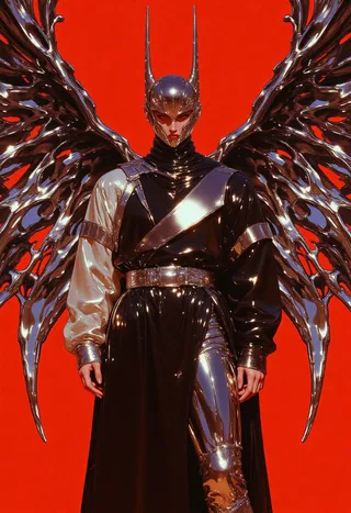 High-quality digital portrait of a figure wearing a shiny black and silver futuristic outfit with intricate chromecore metallic wings against a vivid red background.