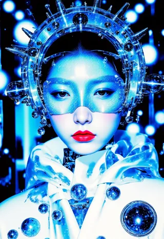 Portrait of a Korean woman wearing a responsive blue and white smart fabric cape that flows across her eyes, paired with a crystalline spike-filled avant-garde headpiece and floating metallic orbs, set in a high-tech studio with glowing lights.