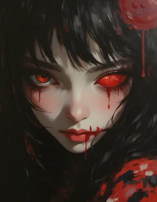 Creepy half-body oil painting of a Japanese horror girl with glowing red eyes, pale translucent face, and blood dripping from her eyes and lips, wearing a richly patterned modern kimono, styled with Rembrandt lighting.