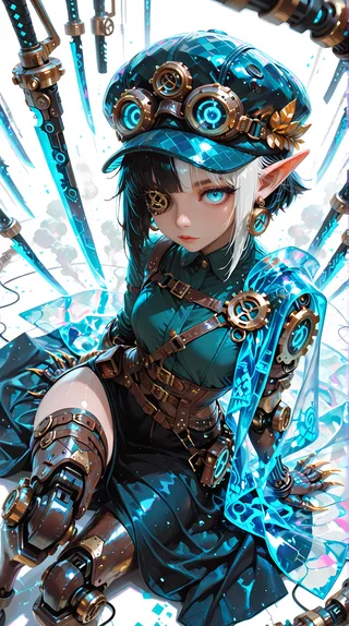 A highly detailed steampunk-inspired elf girl with two-tone white and black hair, glowing blue eyes, wearing goggles and a matrix-patterned cap, equipped with a mechanical leg and floating blades surrounding her.