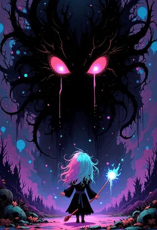 A pastel goth witch with vibrant split-colored hair stands holding a glowing wand and broomstick, facing a dark shadowy behemoth with bright pink glowing eyes in a surreal, colorful Halloween landscape.