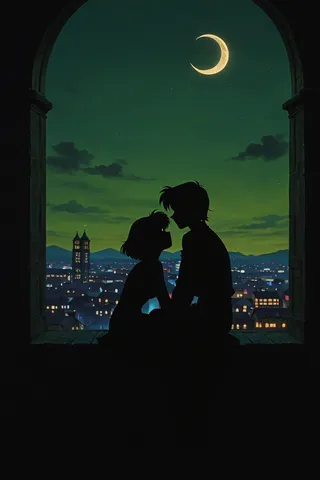 Silhouettes of a man and woman sitting in an Arabic archway overlooking a nighttime city under a crescent moon and green sky in 1990s anime style