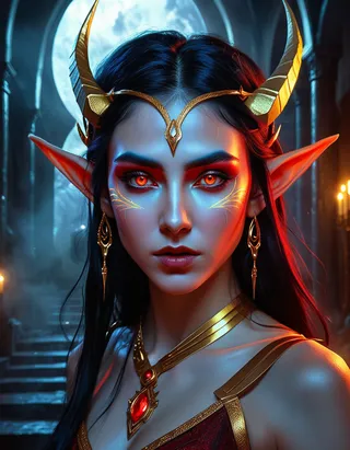 Hyper-realistic digital portrait of a woman with golden horns, red-orange glowing eyes, elf-like ears, and intricate golden accessories in a dark, mystical setting.
