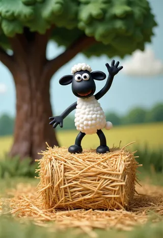 プラスチシンで作られたShaun the Sheepのフィギュアが、片手を挙げて藁の俵の上で踊っており、大きな木と柔らかくぼかされた田舎の背景がある。