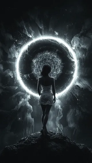 Silhouette of a woman standing before a glowing black hole with rotating holographic mandalas, surrounded by cosmic light and glitch-tech effects.