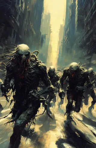 Dark, twisted city mutants running through a decaying urban street with a gloomy, toxic atmosphere.