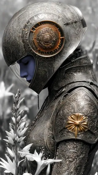 Profile of a figure wearing intricately engraved metal armor and a detailed futuristic helmet with a blue face visible inside, surrounded by soft-focus white flowers.