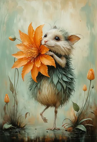 A detailed dark fantasy oil painting of a small furry creature with textured fur holding a large drooping orange flower, set against a muted green and beige surreal background.