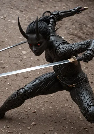 Female warrior with solid black oni horns, red glowing eyes, intricate black armor, mechanical arm, and dual swords poised in a dynamic, action-ready stance on rocky ground.