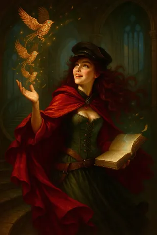 A scarlet-cloaked woman with flowing red hair holds an open gilded grimoire in one hand and gestures with the other as glowing clockwork sparrows ascend beside her, set against an ancient spiral staircase and gothic windows bathed in warm chiaroscuro.