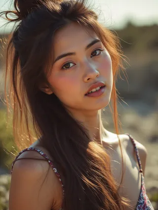 Portrait of a beautiful female with long flowing hair, natural makeup, and a soft expression, captured in warm outdoor sunlight with a blurred background.