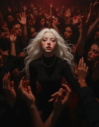 A hyper-realistic oil painting featuring a pale white girl with long white hair dressed in black, centered in a crowded venue distorted by a fisheye lens and illuminated with dramatic Rembrandt lighting.