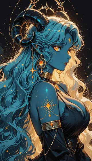 Portrait of a demon girl with dark blue skin, long flowing blue hair, elaborate black curled horns, golden glowing eyes, intricate golden tattoos, and ornate gold jewelry.