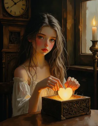 Ethereal young witch holding a glowing heart-shaped gem emerging from an ornate jewel-encrusted box, surrounded by antique grandfather clocks and candlelight.