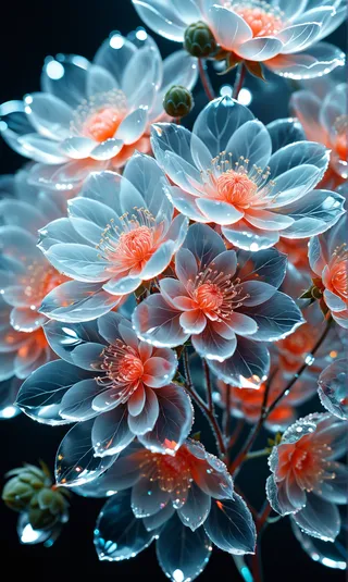 Close-up of a crystal flower with translucent petals and prismatic light refraction, showing intricate patterns and luminous glow in a high detail macro photography style.