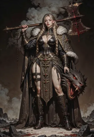 Powerful warrior woman in dark fantasy armor holding a large blood-stained battle axe and a severed dragon head, standing on rocky terrain with smoky background.