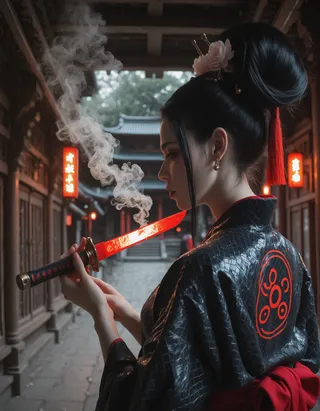 A cyberpunk geisha in a black kimono with red accents holding a smoking katana blade, standing in a traditional wooden temple corridor illuminated by warm red lights.
