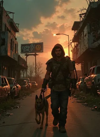 Homme robuste en tenue tactique marchant un Berger Allemand dans une rue de ville en ruines au crépuscule, avec des voitures abandonnées et des bâtiments délabrés silhouettés contre un ciel ambré.